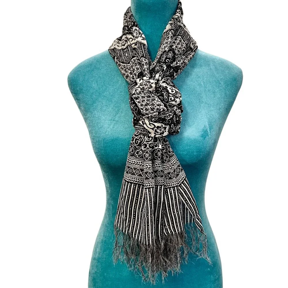 Vintage silk black and white 100% silk batik scarf / shawl from Coldwater Creek